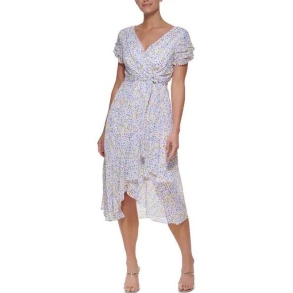 DKNY Womens White Floral Print Midi Belted Wrap Dress 6 New - Picture 1 of 3